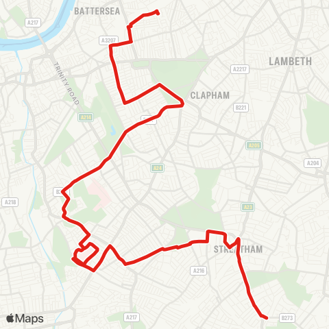 TfL Streatham, Green Ln - Tooting - St George's Hosp - Burntwood Ln - Wandsworth Common - Clapham S - Clapham Jct - Battersea, Shaftesbury Estate map