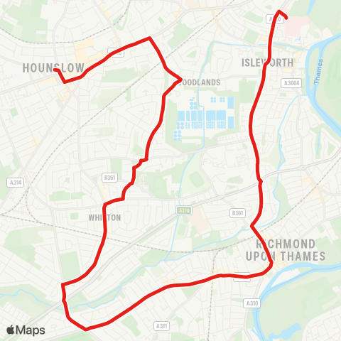 TfL Hounslow, Bell Corner - Hounslow Town Ctr - Whitton - Twickenham - Isleworth War Mem - Isleworth, W Middlesex Hosp map