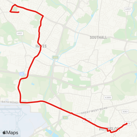 TfL Hounslow, Bus Sta - Hounslow W - Cranford - Harlington Corner - Harlington - Hayes & Harlington Sta - Church Rd - Hayes End map