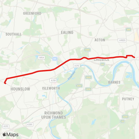 TfL Hounslow W Sta - Osterley Sta - Great W Rd - Gunnersbury - Turnham Green - Stamford Brook - Ravenscourt Pk - Hammersmith map