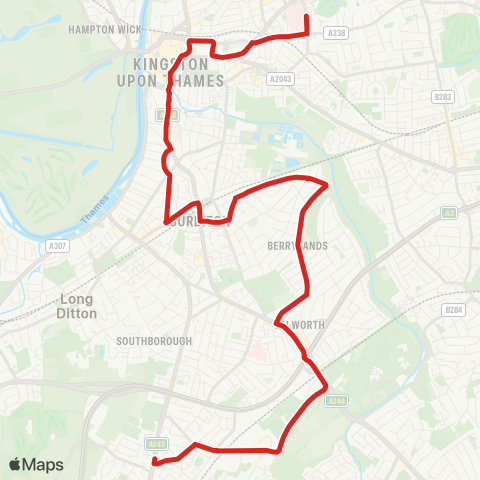 TfL Kingston Hosp - Norbiton - Kingston - Surbiton - Berrylands - Tolworth - Hook map