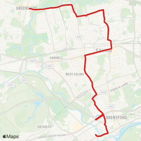 TfL Brentford, Commerce Rd - Windmill Rd - Northfields Sta - W Ealing - Ealing Bway - Pitshanger Ln - Scotch Common - Ruislip Rd E - Greenford Bway map