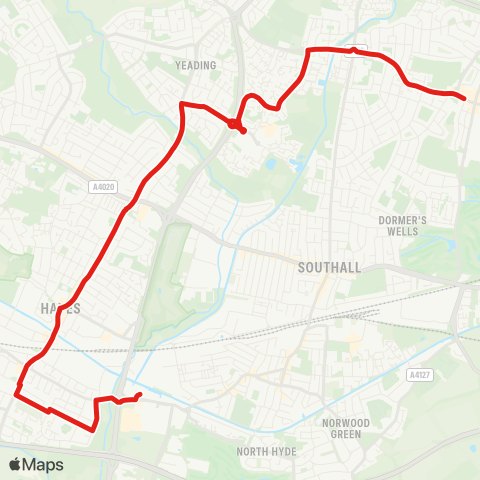 TfL Greenford Bway - Ruislip Rd - Yeading Tesco - Willow Tree Ln - Hayes (Grapes) - Hayes & Harlington Sta - Crowland Av - Bulls Bridge map