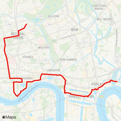 TfL Bethnal Green - Canary Wharf - Leamouth map