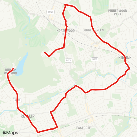 TfL Northwood Hills, St Vincent's - Pinner Green - Pinner - Eastcote - Ruislip - Ruislip Lido map