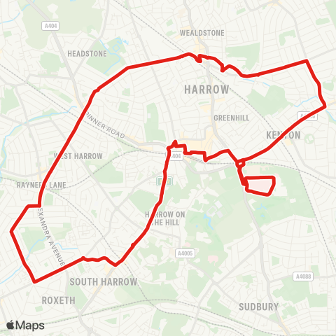 TfL Northwick Pk Hosp - Kenton - Wealdstone - N Harrow - Rayners Ln - S Harrow - Harrow - Northwick Pk Hosp map