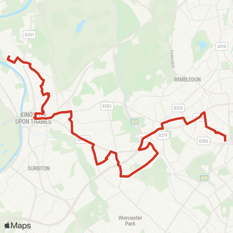 TfL Ham - Canbury - Kingston - Norbiton - New Malden - Motspur Pk - Shannon Corner - Raynes Pk - Wimbledon Chase - Mostyn Rd - Morden map