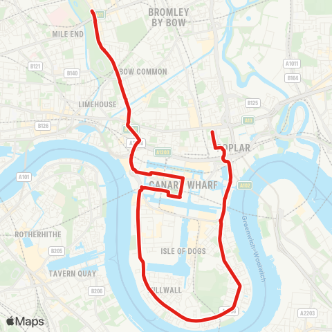 TfL Poplar, All Saints - Cubitt Town - Island Gardens - Westferry Rd - Heron Quays - Canary Wharf - Westferry - Burdett Rd - Mile End map