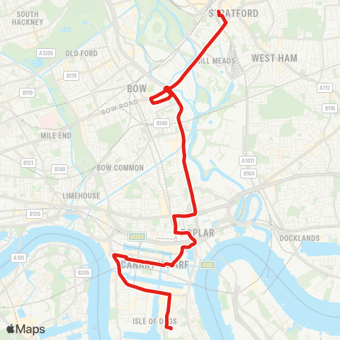 TfL Stratford - Bromley-By-Bow - Poplar - Canary Wharf - Marsh Wall - Crossharbour map