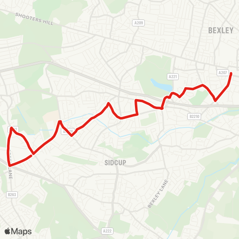 TfL Bexleyheath Library - Sherwood Pk - Burnt Oak Ln - Days Ln - Halfway St - Avery Hill Rd - New Eltham map