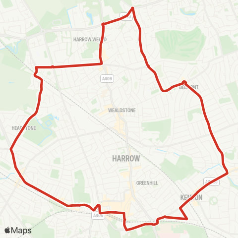 TfL Harrow - N Harrow - Headstone Ln - Long Elmes - Harrow Weald - Brockhurst Corner - Belmont - Kenton - Northwick Pk Sta - Harrow map