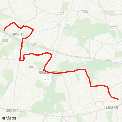 TfL Northolt, Islip Manor - Smith's Farm - Ferrymead Gardens - Greenford Bway - Argyle Rd - Castlebar Hill - Ealing Bway map