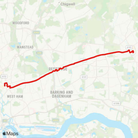 TfL Stratford City - Forest Gate - Manor Pk - Ilford - Seven Kings - Goodmayes - Chadwell Heath - Romford map