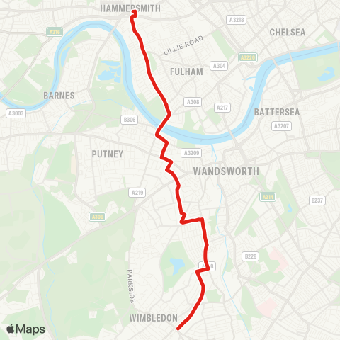 TfL Wimbledon - Hammersmith map