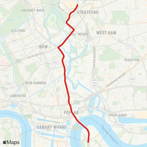 TfL North Greenwich - Stratford (Non-Stop) map