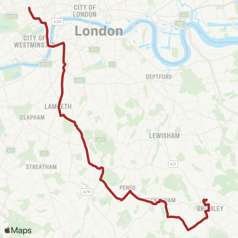 TfL Oxford Circus - Westminster - Kennington - Brixton - Herne Hill - W Dulwich - Crystal Palace - Anerley - Penge - Beckenham - Bromley S & N map