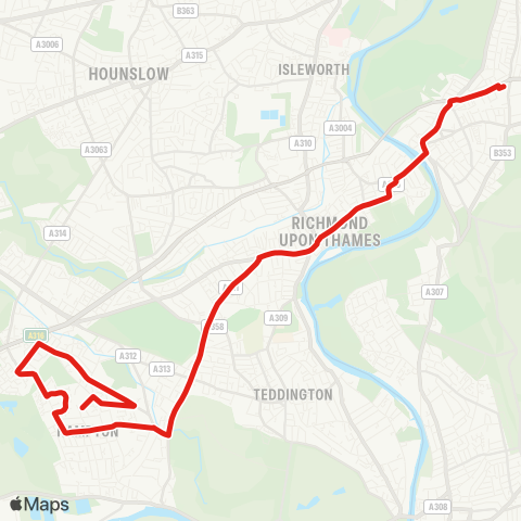 TfL Hampton, The Av - Hampton Wick - Fulwell - Twickenham - Richmond Sta - Richmond, Manor Circus map