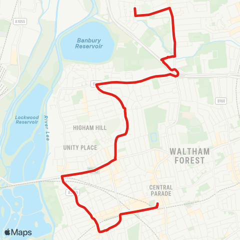 TfL Chingford Hall Estate - Crooked Billet Sainsburys - Priory Court Estate - Blackhorse Rd Sta - Walthamstow Market - St James's St - Walthamstow Central map