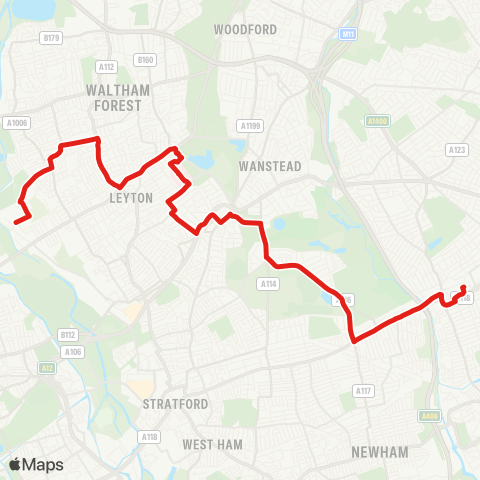 TfL Walthamstow, Argall Av - Walthamstow Central - Bakers Arms - Whipps Cross Hosp - Leytonstone - Manor Pk - Ilford map