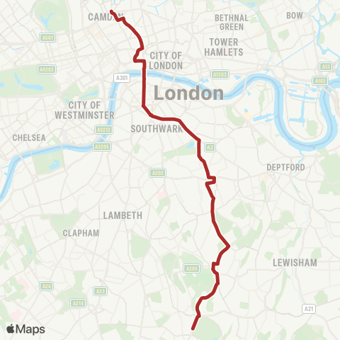 TfL Crystal Palace - Sydenham Hill - Honor Oak - Peckham - Old Kent Rd - Bricklayers Arms - Elephant & Castle - Southwark - Blackfriars - Farringdon - Kings Cross map