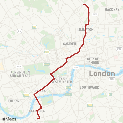 TfL Finsbury Pk Sta - Highbury - Angel - Holborn - Piccadilly Circus - Sloane Square - Clapham Jct map