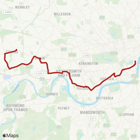 TfL Ealing Bway - Northfields - Acton - Turnham Green - Hammersmith - Fulham Bway - Chelsea - Sloane Square - Victoria - Westminster - Whitehall, Horse Guards map