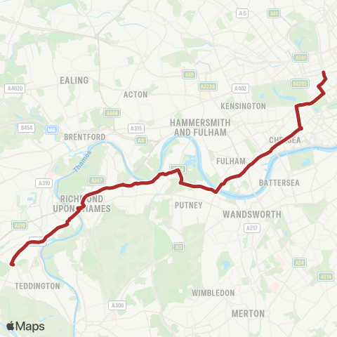 TfL Fulwell - Twickenham - Richmond - Mortlake - Barnes - Putney Bridge - Parsons Green - Chelsea - Sloane Square - Hyde Pk Corner - Oxford Circus map