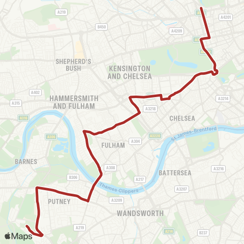 TfL Roehampton, Danebury Av - Barnes Common - Putney - Fulham Cross - W Brompton - Earls Court - S Kensington - Hyde Pk Corner - Marble Arch - Baker St Sta map