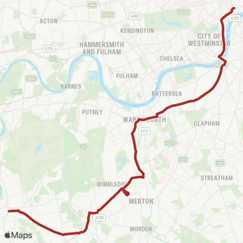 TfL Kingston - New Malden - Raynes Pk - Wimbledon - Wimbledon Pk - Wandsworth - Clapham Jct - Vauxhall - Millbank - Westminster - Aldwych map