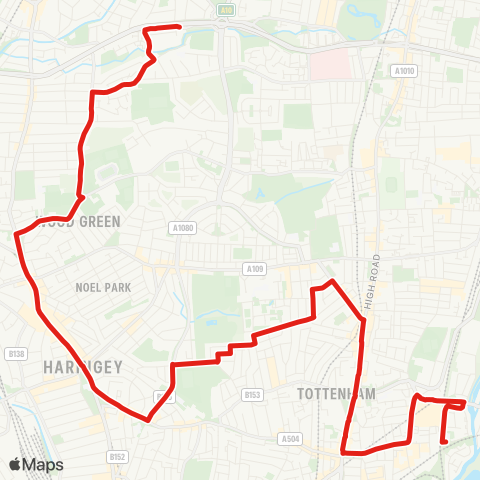 TfL Oakthorpe Pk - Wolves Ln - Wood Green - Turnpike Ln Sta - Belmont Rd - Downhills Pk - Broadwater Farm - Bruce Grove - Tottenham - Tottenham Hale, Ferry Ln map