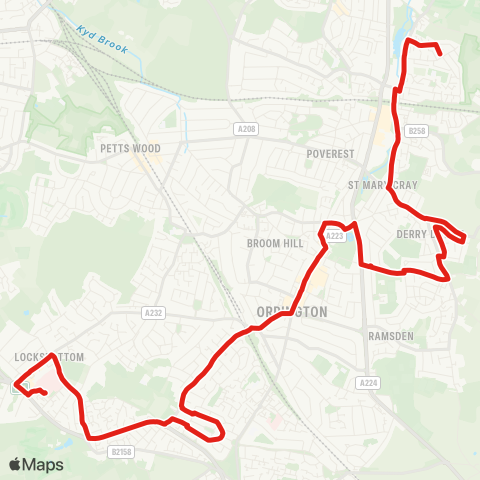 TfL St Paul's Cray - St Mary Cray - Derry Downs - Ramsden - Orpington Town Ctr and Sta - Tubbenden Ln - Princess Royal Univ Hosp map