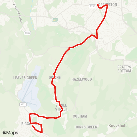 TfL Orpington Sta and Town Ctr - Farnborough Hill - Downe - Single St - Biggin Hill - Aperfield map