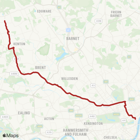 TfL Harrow Weald, Bus Garage - Wealdstone - Harrow - Sudbury - Wembley - Harlesden - Kensal Green - Harrow Rd - Baker St Sta - Oxford Circus - Trafalgar Square map