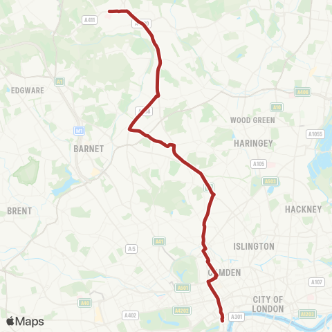 TfL Barnet Hosp - Highgate - Camden Town - Trafalgar Square map