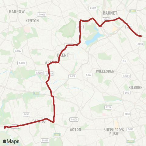 TfL Golders Green - Hendon, Central and W - Kingsbury Green - Wembley Pk - Wembley Central - Alperton - Hanger Ln - Ealing Bway - W Ealing - Hanwell - Ealing Hosp map