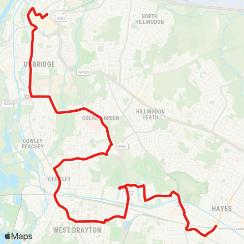 TfL Uxbridge - Hillingdon Hosp - Cowley - Yiewsley - W Drayton - Stockley Estate - Stockley Pk - Hayes & Harlington Sta map