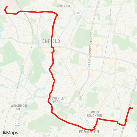 TfL Chase Farm Hosp - Enfield - Church St - Edmonton Green - Picketts Lock, Lee Val Leisure Complex map