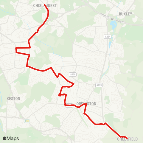 TfL Chelsfield Village - Charterhouse Rd - Orpington Town Ctr & Sta - Crofton - Petts Wood - Bickley - Chislehurst map