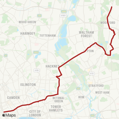 TfL Woodford Wells - S Woodford - Wanstead - Whipps Cross - Bakers Arms - Clapton - Hackney Central - Shoreditch - Holborn - Oxford Circus map