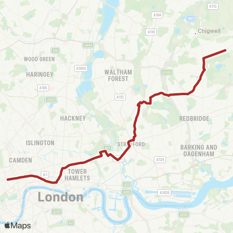 TfL Hainault, The Lowe - Wanstead - Leytonstone - Stratford - Old Ford - Bethnal Green - Liverpool St - Bank - Holborn - Oxford Circus map