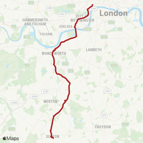 TfL Aldwych - Westminster - Victoria - Battersea - Wandsworth - Earlsfield - Tooting Bway - Mitcham - Rose Hill - Sutton Sta map