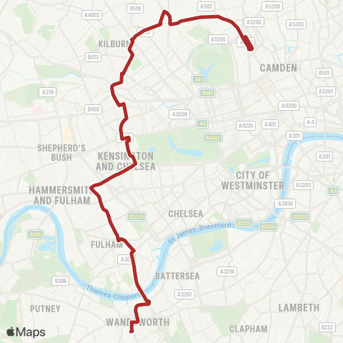 TfL Camden Town - Swiss Cottage - Kilburn - Westbourne Pk - Notting Hill Gate - Kensington - W Kensington - Fulham - Wandsworth map