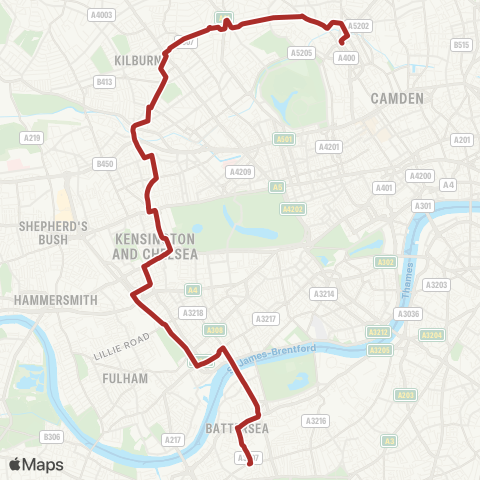 TfL Camden Town - Swiss Cottage - Kilburn Pk - Westbourne Pk - Notting Hill Gate - Kensington - Earl's Court - Chelsea - Battersea - Clapham Jct map