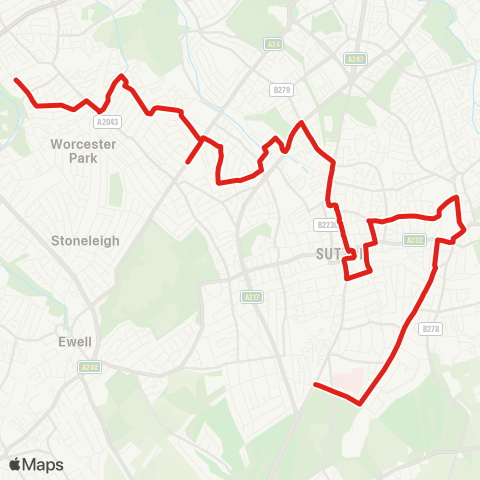 TfL Belmont Sta - Royal Marsden Hosp - Carshalton - Sutton - Sutton Common - N Cheam - Worcester Pk - Malden Manor Sta map