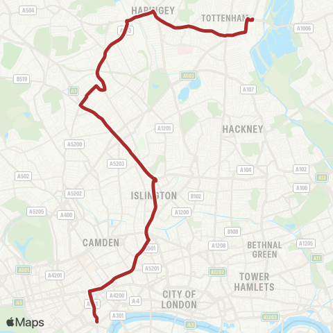 TfL Trafalgar Square - Holborn - Rosebery Av - Islington - Holloway Rd - Archway - Crouch End - Turnpike Ln - W Green - Tottenham Hale map