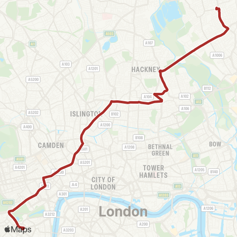 TfL Walthamstow Central - Bakers Arms - Hackney - Essex Rd - Islington - Holborn - Piccadilly Circus - Victoria map