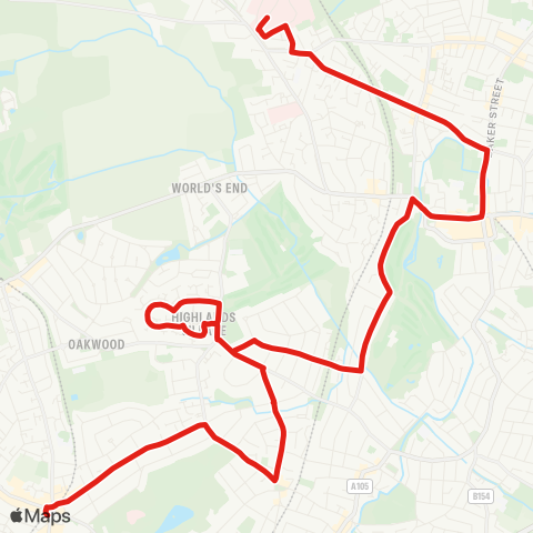 TfL Chase Farm Hosp - Holtwhites Hill - Enfield Town - Grange Pk - Highlands Village - Winchmore Hill Green - Southgate Sta map