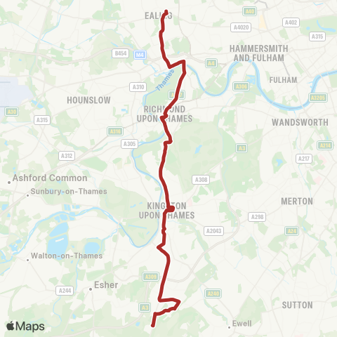 TfL Chessington World of Adventures - Church Ln - Thornhill Rd - Surbiton Sta - Kingston Univ - Kings Rd - Richmond Sta - Ealing Bway map