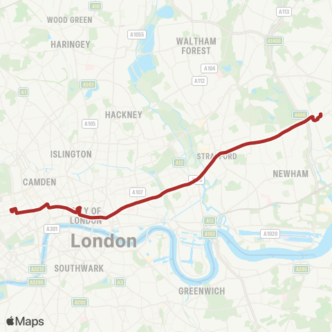 TfL Ilford - Manor Pk - Forest Gate - Stratford - Bow - Mile End - Aldgate - Bank - Holborn - Oxford Circus map