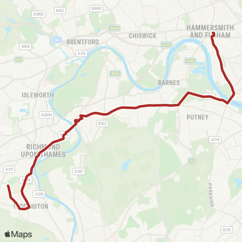 TfL Fulwell - Teddington - Twickenham - Richmond - E Sheen - Barnes Sta - Putney Common, Pier and Bridge - Hammersmith map